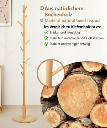 Freistehender Garderobenständer aus Holz mit 9 Haken, höhenverstellbar —