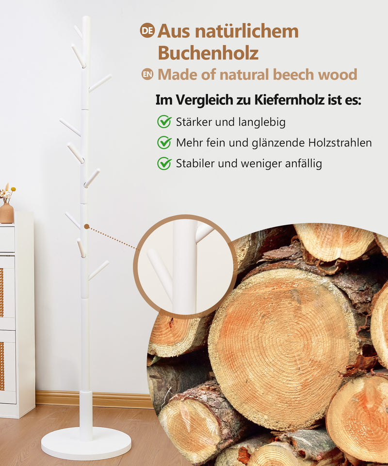 Freistehender Garderobenständer aus Holz mit 9 Haken, höhenverstellbar —
