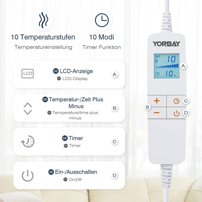 Yorbay Kuschelheizdecke mit 10 Temperaturstufen, dunkelgrau & hellgrau - H108 - 9 - Yorbay.de