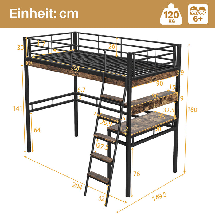 Hochbett 90x200 cm mit Schreibtisch, Regalen und Geländer