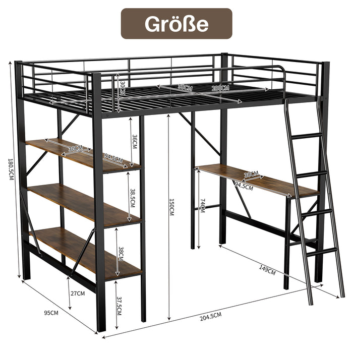 Hochbett 90x200 cm mit Schreibtisch, Eisenrahmen und großen Ablagen