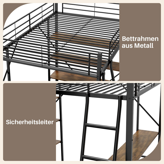 Hochbett 90x200 cm mit Schreibtisch, Eisenrahmen und großen Ablagen