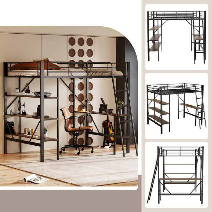 Hochbett 90x200 cm mit Schreibtisch, Eisenrahmen und großen Ablagen