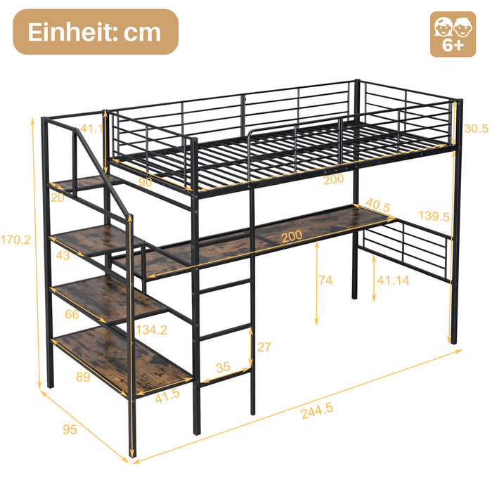 Hochbett 90x200 cm mit Schreibtisch und Aufbewahrungstreppe