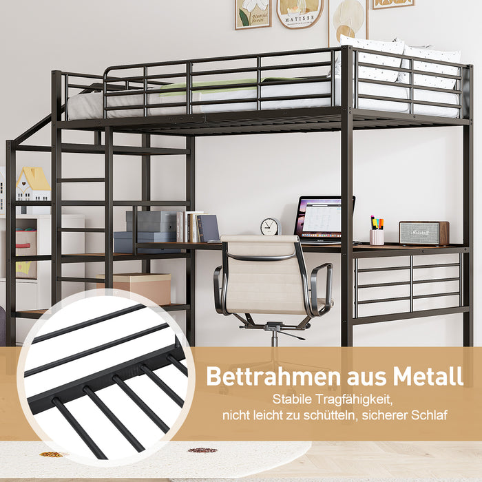 Hochbett 90x200 cm mit Schreibtisch und Aufbewahrungstreppe