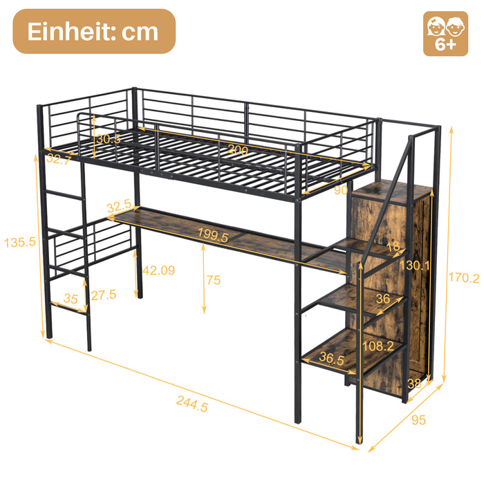 Hochbett 90x200 cm mit Schreibtisch, offenem Kleiderschrank und Aufbewahrungstreppe