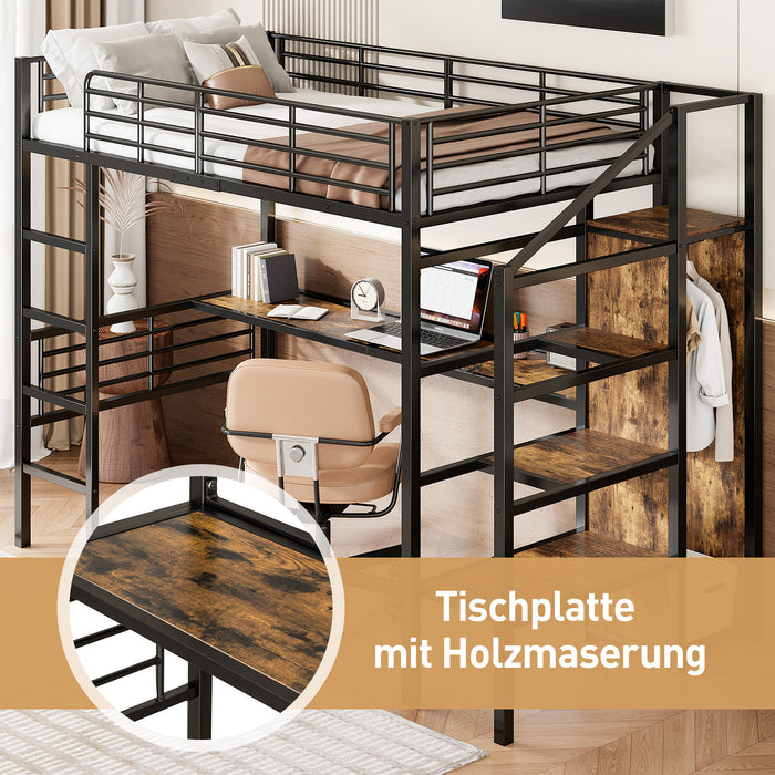 Hochbett 90x200 cm mit Schreibtisch, offenem Kleiderschrank und Aufbewahrungstreppe