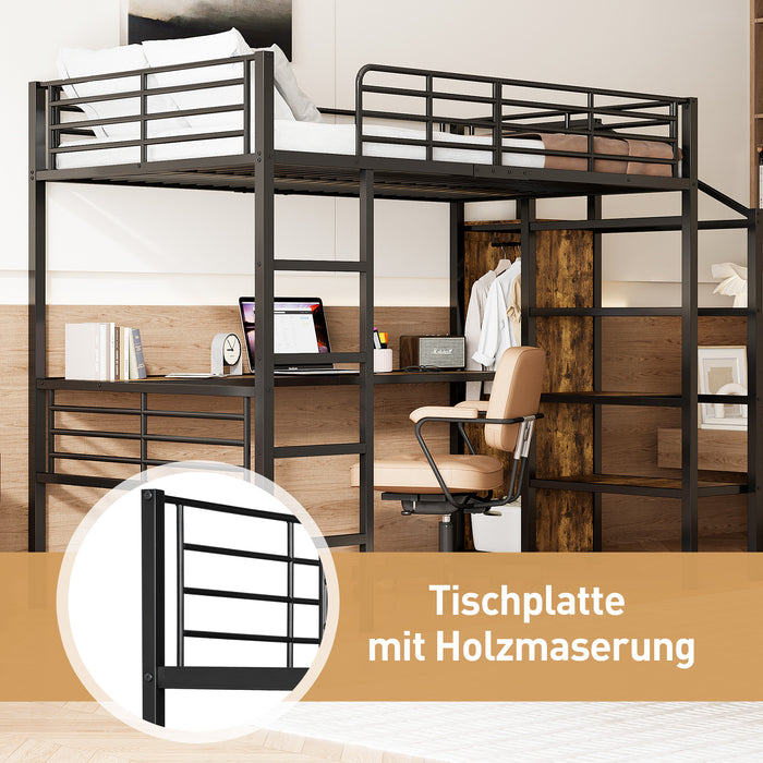 Hochbett 90x200 cm mit Schreibtisch, offenem Kleiderschrank und Aufbewahrungstreppe