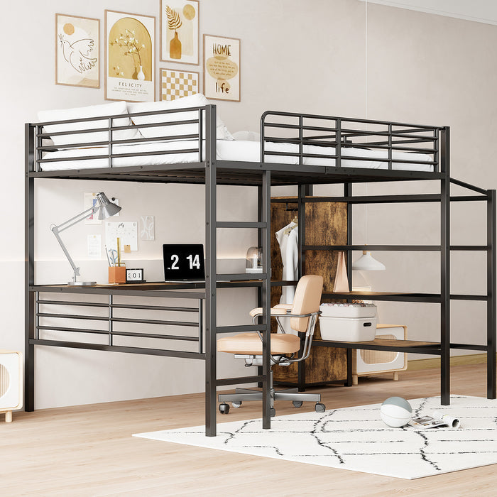 Hochbett 140x200 cm mit Schreibtisch, offenem Kleiderschrank und Aufbewahrungstreppe