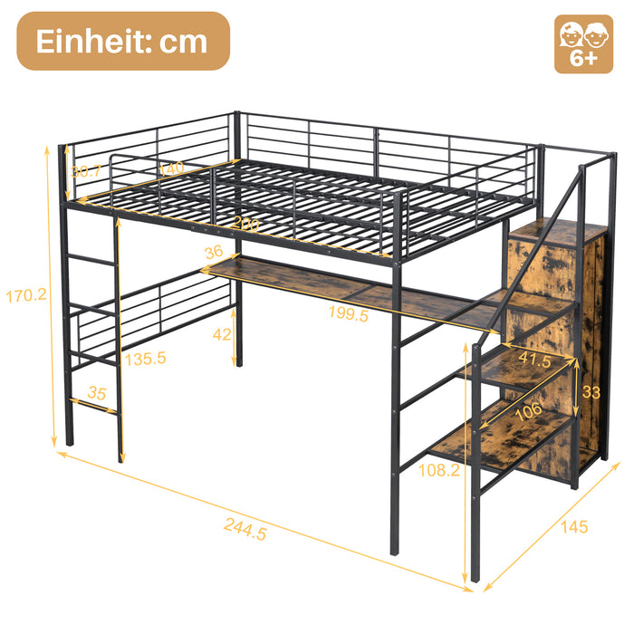 Hochbett 140x200 cm mit Schreibtisch, offenem Kleiderschrank und Aufbewahrungstreppe