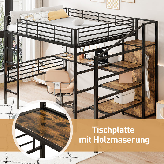 Hochbett 140x200 cm mit Schreibtisch, offenem Kleiderschrank und Aufbewahrungstreppe