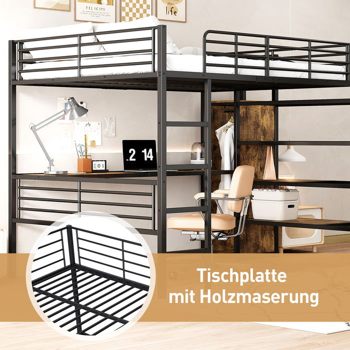 Hochbett 140x200 cm mit Schreibtisch, offenem Kleiderschrank und Aufbewahrungstreppe