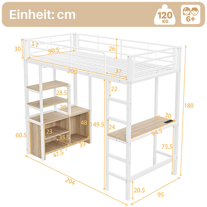 Hochbett 90x200 cm mit Schreibtisch, USB, Steckdose, Regalen und offenem Schrank - YB - WX000129AAK - 11 - Yorbay.de