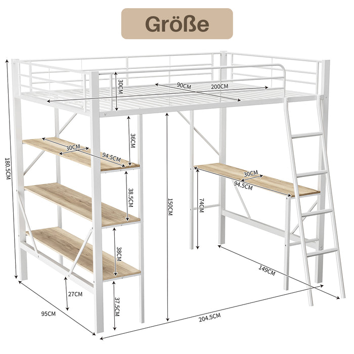 Hochbett 90x200 cm mit Schreibtisch, Eisenrahmen und großen Ablagen