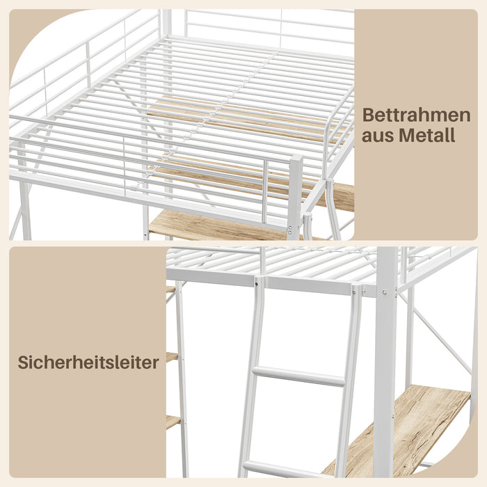 Hochbett 90x200 cm mit Schreibtisch, Eisenrahmen und großen Ablagen