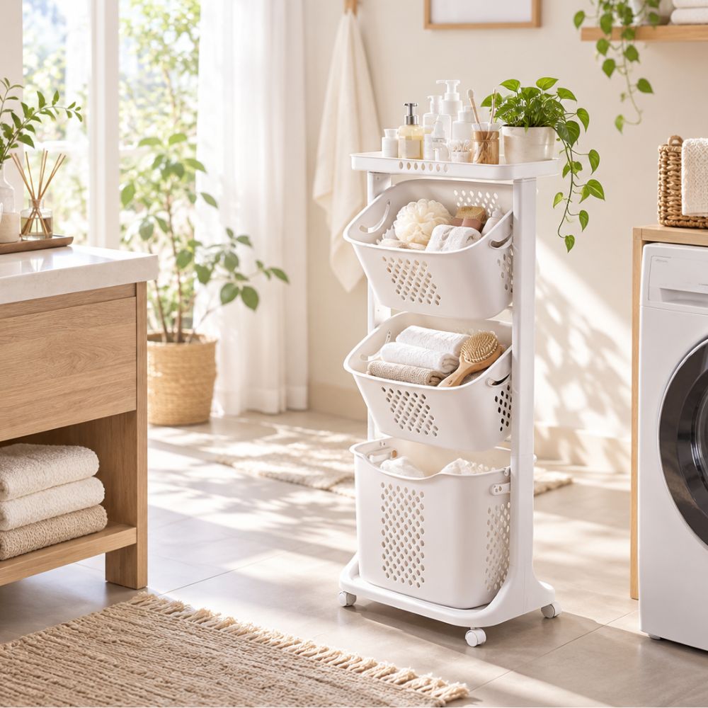 Weißer Badezimmerschrank mit offenen Fächern und Schranktüren in einem hellen Badezimmer.