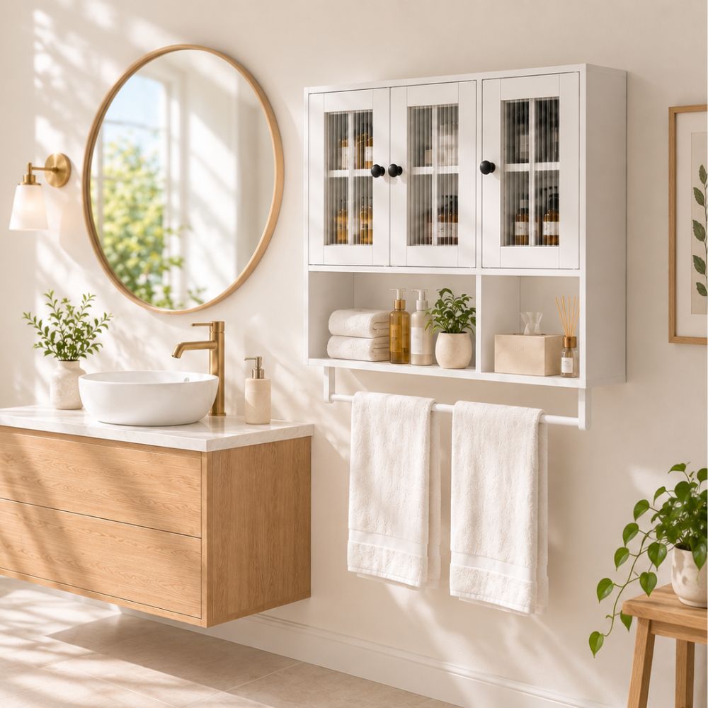 Weißer Badezimmerschrank mit Stauraum und Handtuchhalter in einem modernen Badezimmer.