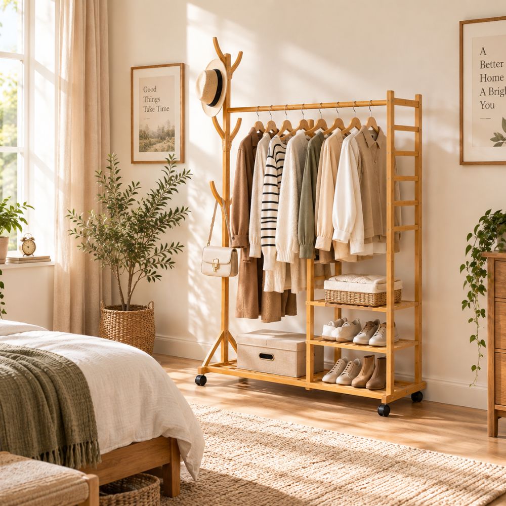 Kleiderständer mit Kleidung und Ablagen in einem hellen, natürlich eingerichteten Schlafzimmer.