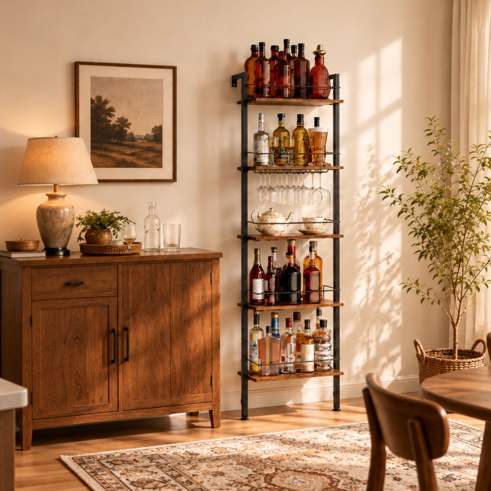 Rustikaler Weinschrank aus Holz mit Flaschenfächern und Glashaltern in einem warmen Wohnbereich.