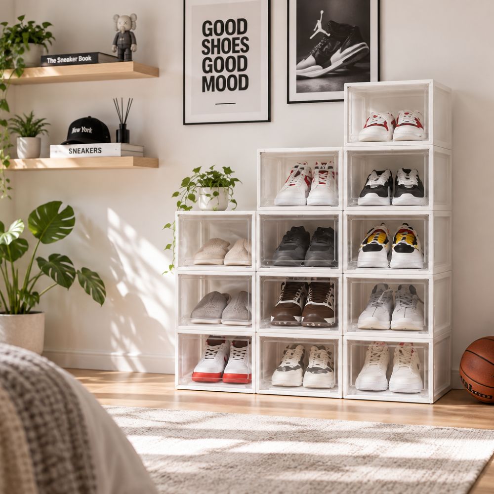 Transparente Schuhboxen mit Sneakern in einem modern eingerichteten Ankleide- oder Schlafzimmer.