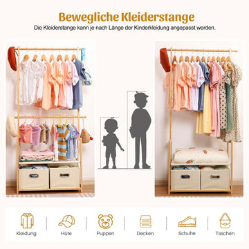 Kinder Kleiderständer aus Bambus für Kinderzimmer, mit Aufbewahrungskörben  — Yorbay.de