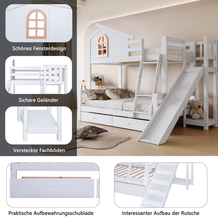 Etagenbett mit Fenstern, Rutsche und Vierstufenleiter, 90x200 & 120x200 cm - YB - 317285923WAA - 4 - Yorbay.de