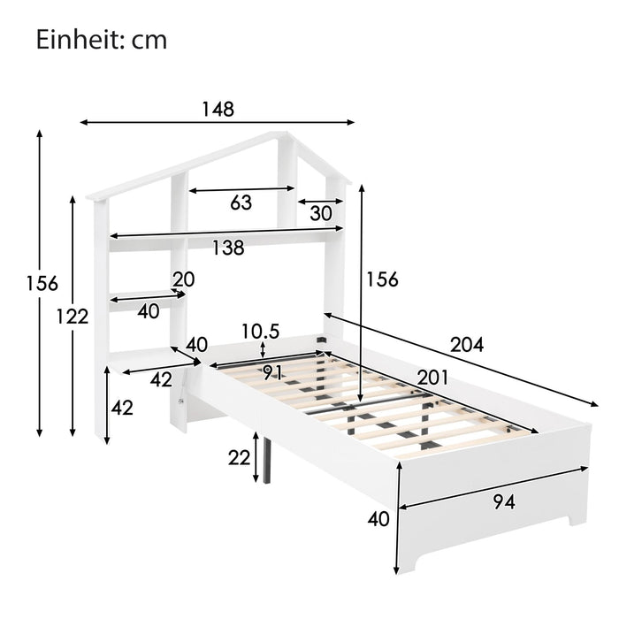 Kinderbett 90x200 cm – Holzbett mit Bücherregal und Stauraum - YB - AB20475051W - 3 - Yorbay.de