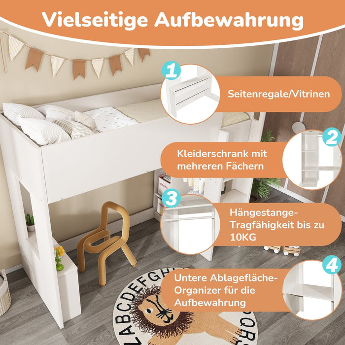 Kinderbett 90x200 cm, 3 - in - 1 Holzbett mit Kleiderschrank, Regalen & Treppe - YB - AB405746789W - 5 - Yorbay.de