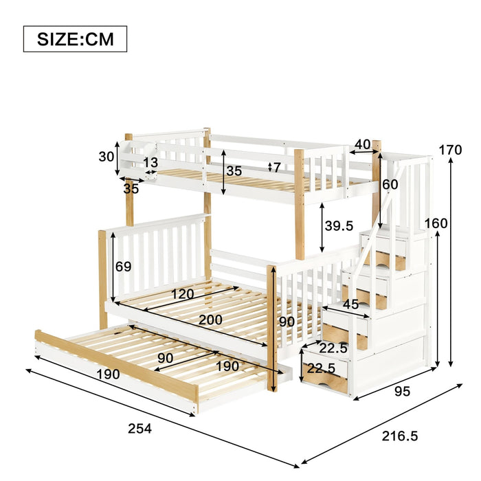 Etagenbett mit Fallschutz, Stauraumtreppe und Rollbett, 90x200 & 120x200 cm - YB - N622F419012N - 3 - Yorbay.de