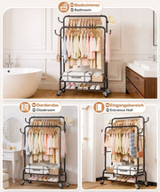 Yorbay Kleiderständer mit Rollen, Doppelstange, 2 Ablagen & 4 Haken - YB106 - T075 - 8 - Yorbay.de