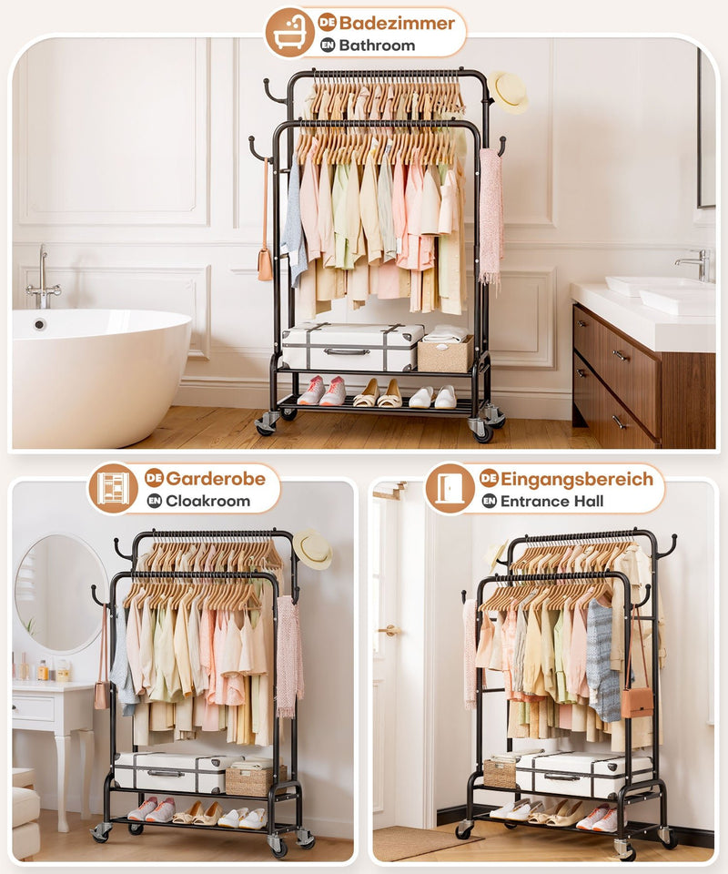 Yorbay Kleiderständer mit Rollen, Doppelstange, 2 Ablagen & 4 Haken - YB106 - T075 - 8 - Yorbay.de
