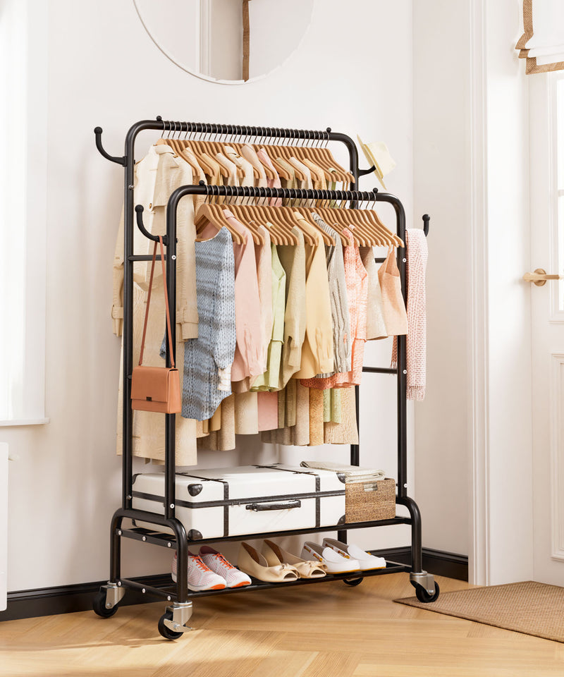 Yorbay Kleiderständer mit Rollen, Doppelstange, 2 Ablagen & 4 Haken - YB106 - T075 - 9 - Yorbay.de