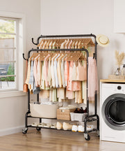 Yorbay Kleiderständer mit Rollen, Doppelstange, 2 Ablagen & 4 Haken - YB106 - T076 - 18 - Yorbay.de