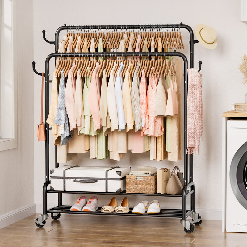 Yorbay Kleiderständer mit Rollen, Doppelstange, 2 Ablagen & 4 Haken - YB106 - T076 - 11 - Yorbay.de