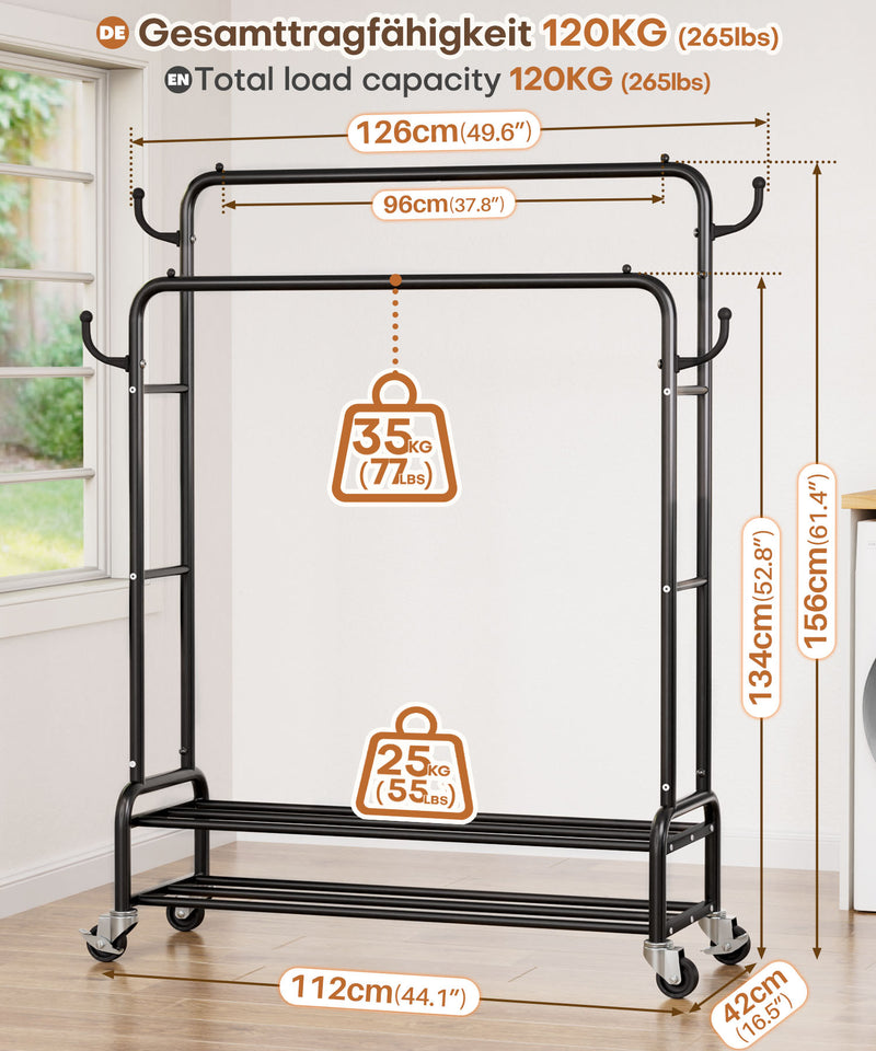 Yorbay Kleiderständer mit Rollen, Doppelstange, 2 Ablagen & 4 Haken - YB106 - T076 - 12 - Yorbay.de