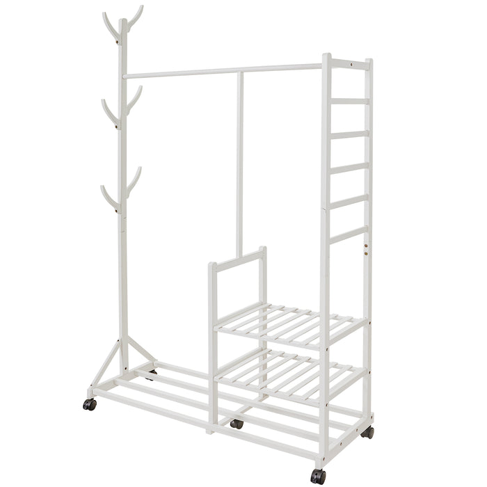 Yorbay Garderobenständer aus Bambus auf Rollen, mit Kleiderstange, Ablage und Haken - YB024 - Z044 - 9 - Yorbay.de