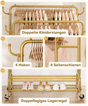Yorbay Kleiderständer mit Rollen, Doppelstange, 2 Ablagen & 4 Haken - YB106-T076 - 24 - Yorbay.de