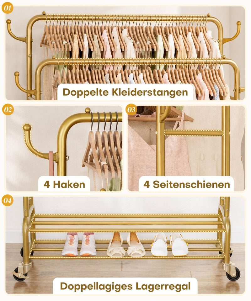 Yorbay Kleiderständer mit Rollen, Doppelstange, 2 Ablagen & 4 Haken - YB106-T076 - 24 - Yorbay.de