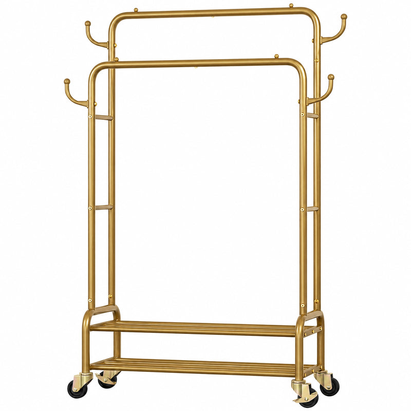 Yorbay Kleiderständer mit Rollen, Doppelstange, 2 Ablagen & 4 Haken - YB106-T075 - 13 - Yorbay.de