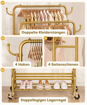 Yorbay Kleiderständer mit Rollen, Doppelstange, 2 Ablagen & 4 Haken - YB106-T076 - 30 - Yorbay.de