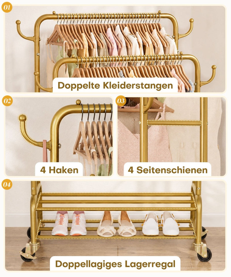 Yorbay Kleiderständer mit Rollen, Doppelstange, 2 Ablagen & 4 Haken - YB106-T076 - 30 - Yorbay.de