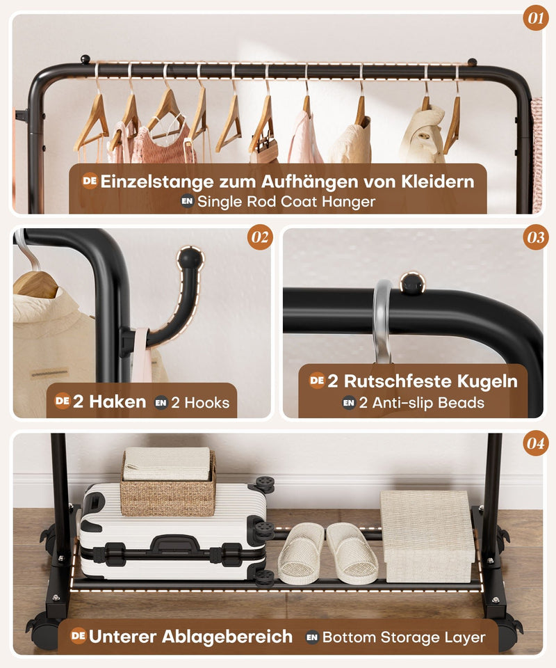 Yorbay Kleiderständer aus Metall mit Rollen, Haken und Ablage, 81/94 x 40 x 132 cm - YB087 - T070 - 6 - Yorbay.de