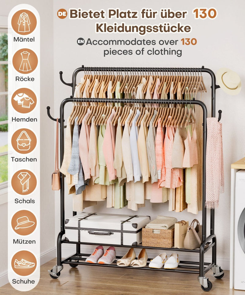 Yorbay Kleiderständer mit Rollen, Doppelstange, 2 Ablagen & 4 Haken - YB106-T075 - 8 - Yorbay.de