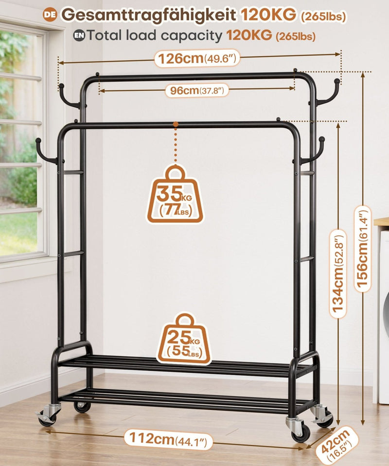 Yorbay Kleiderständer mit Rollen, Doppelstange, 2 Ablagen & 4 Haken - YB106-T075 - 12 - Yorbay.de