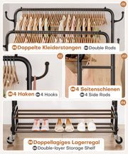 Yorbay Kleiderständer mit Rollen, Doppelstange, 2 Ablagen & 4 Haken - YB106-T075 - 7 - Yorbay.de