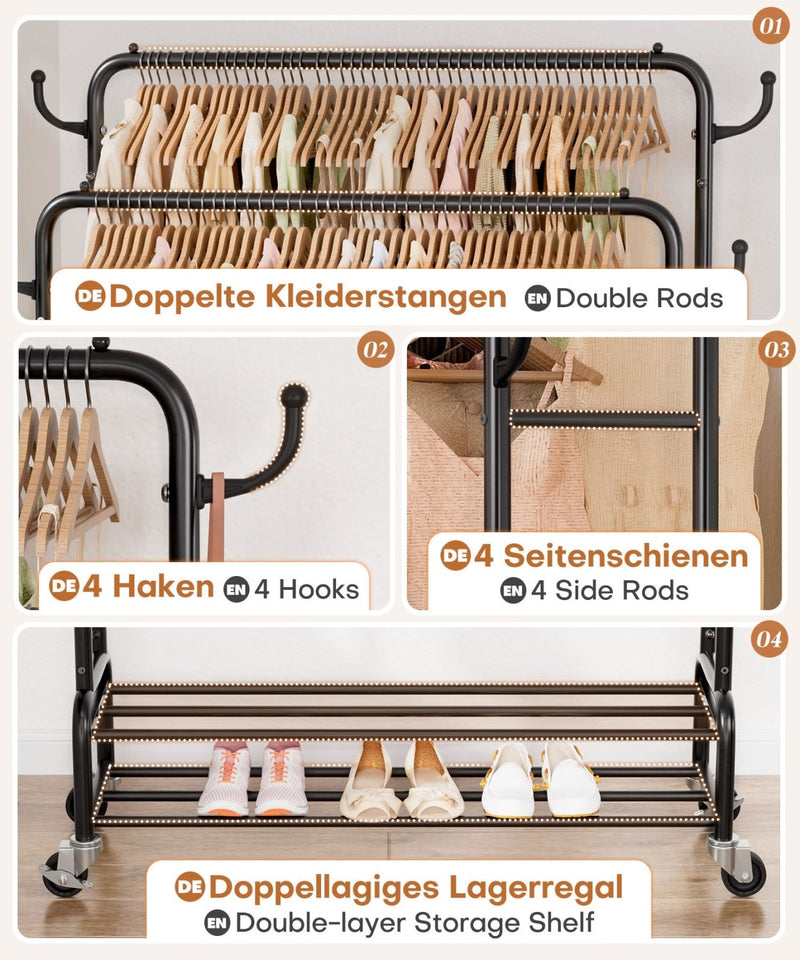 Yorbay Kleiderständer mit Rollen, Doppelstange, 2 Ablagen & 4 Haken - YB106-T075 - 7 - Yorbay.de