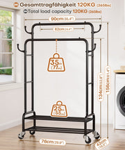 Yorbay Kleiderständer mit Rollen, Doppelstange, 2 Ablagen & 4 Haken - YB106-T075 - 3 - Yorbay.de