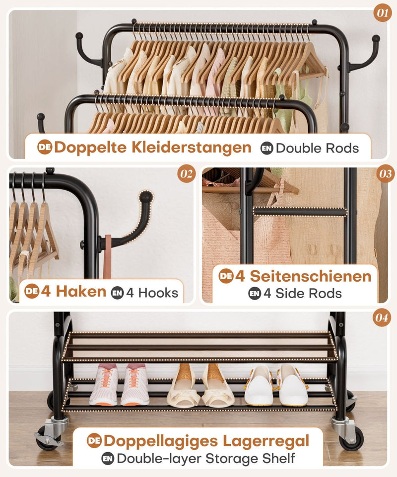 Yorbay Kleiderständer mit Rollen, Doppelstange, 2 Ablagen & 4 Haken - YB106-T075 - 5 - Yorbay.de