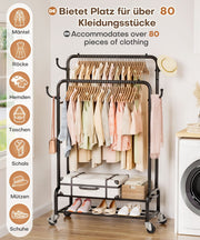Yorbay Kleiderständer mit Rollen, Doppelstange, 2 Ablagen & 4 Haken - YB106-T076 - 22 - Yorbay.de