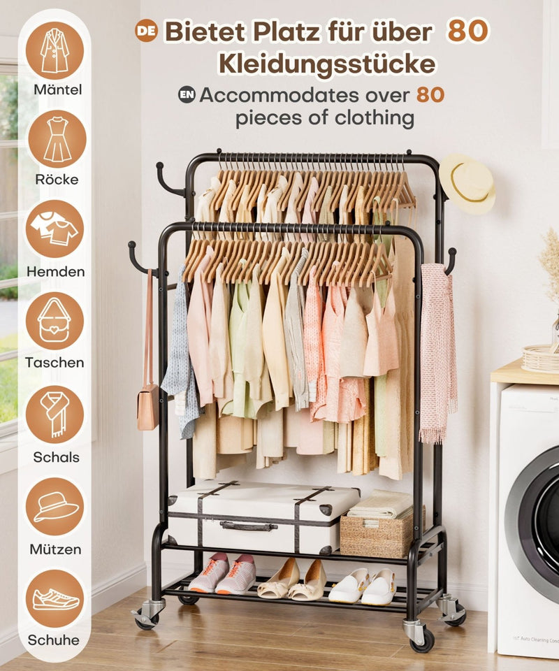 Yorbay Kleiderständer mit Rollen, Doppelstange, 2 Ablagen & 4 Haken - YB106-T076 - 22 - Yorbay.de